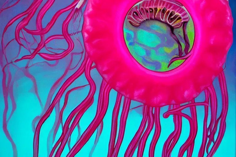 Prompt: painting of a vibrant pink jellyfish swimming underwater alone in the deep sea, focus on pink jellyfish, dark background, arcylic, neon