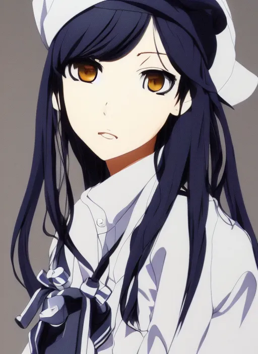 Image similar to key anime visual of a beautiful girl wearing a beige beret and blue shirt; long black hair; anime; drawn by Shigenori Soejima; 3 tone colors