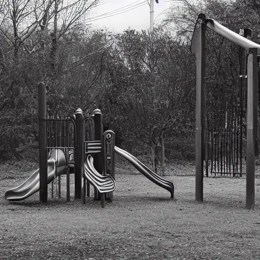 Image similar to an abandon playground with a tall dark figure standing infront of it, liminal, dark, highly detailed,