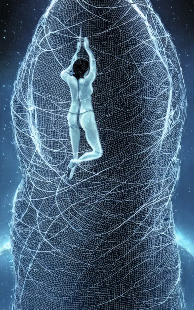 Image similar to human wrapped in a neural mesh cocoon plugged spirit machine, perfect future, award winning scifi art