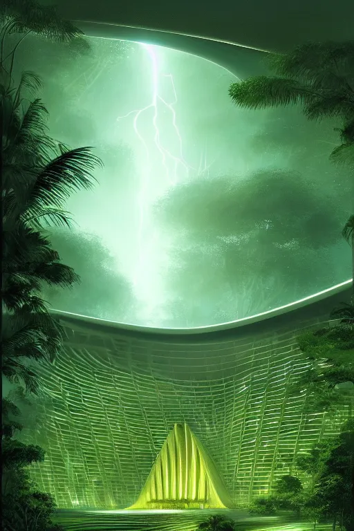 Image similar to a stormy tropical forest with green lightning bugs flying around a ancient futuristic temple designed by zaha hadid, tone mapped, shiny, intricate, cinematic lighting, highly detailed, digital painting, artstation, concept art, smooth, sharp focus, illustration, art by arthur haas and bruce pennington and john schoenherr