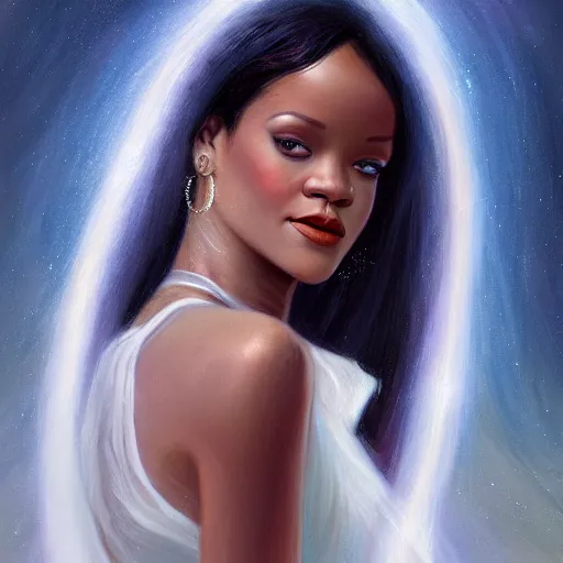 Image similar to a painting of rihanna like an angel, a young woman with long hair and a halo wearing a white top and beautiful dress, smiling in heaven, by jessica rossier