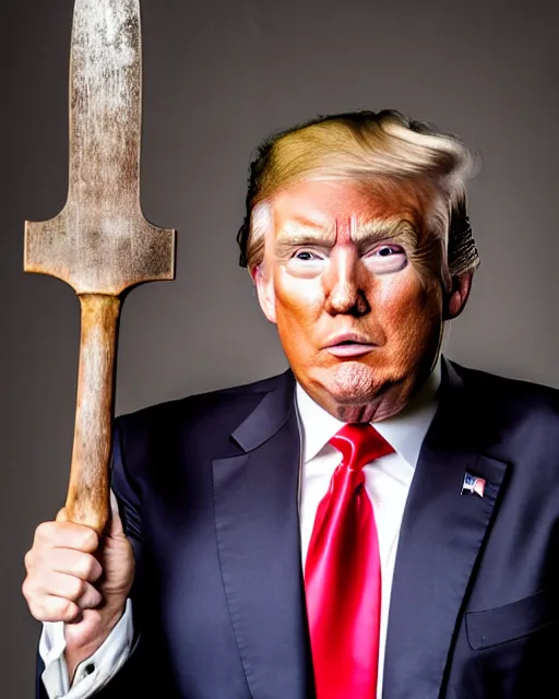 Image similar to a photo of donald trump dressed as a medieval knight. he's holding a giant axe. medium shot portrait. dslr photography