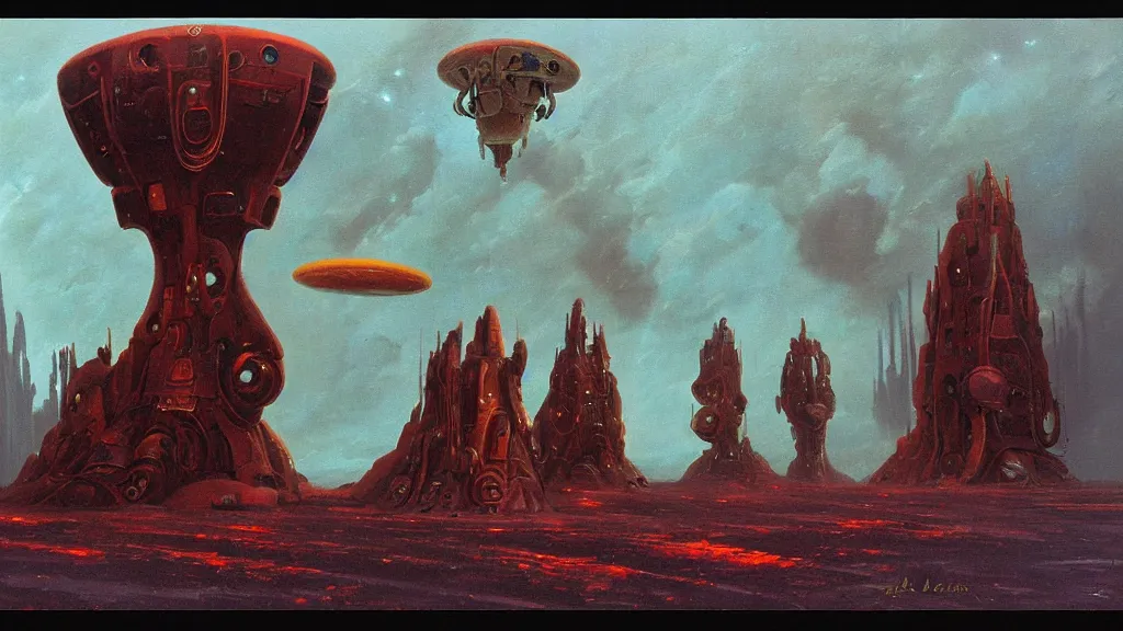 Image similar to mysterious whimsical sculpture of alien technology by paul lehr and john schoenherr and john harris, cinematic matte painting