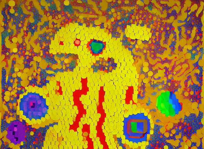 Image similar to pixel decollage painting golden armor alien zombie horseman riding on a crystal bone dragon broken rainbow diamond maggot horse in a blossoming meadow full of colorful mushrooms and golden foil toad blobs in a golden sunset, distant forest horizon, painted by Mark Rothko, Helen Frankenthaler, Danny Fox and Hilma af Klint, pixelated, neo expressionism, semi naive, pastel colors, cinematic, color field painting, cave painting, voxel, pop art look, outsider art, minimalistic. Bill Traylor painting, part by Philip Guston and Francis Bacon. art by Adrian Ghenie, very coherent symmetrical artwork, cinematic, hyper realism, high detail, octane render, unreal engine, Smooth gradients, depth of field, full body character drawing, extremely detailed, 8k, extreme detail, intricate detail, masterpiece