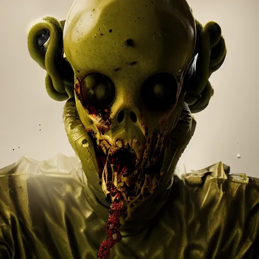 Prompt: An huge zombie wearing an hazmat suit with broken helmet and a long tentacle tongue, concept art, hyperrealistic, artstation, creepy, unreal engine 8k, hdr, octane render