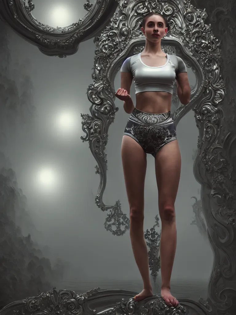 Image similar to beautiful ashhey graham in lycra yoga shorts, chrome futuristic detail misty foggy mike jordana, konstantin porubov, valeriy vegera, hypermaximalist, elegant, ornate, rococo, baroque ornament detail, elite, creepy, radiant, matte painting, cinematic, cinematic lighting, corel painter, cgsociety, atmospheric