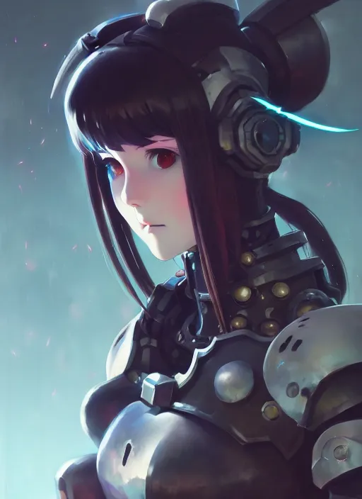 Image similar to portrait of cute goth girl in cyber armor, warhammer 4 0 0 0 0, illustration concept art anime key visual trending pixiv fanbox by wlop and greg rutkowski and makoto shinkai and studio ghibli