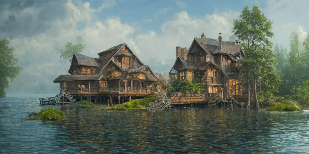 Image similar to an oil painting of a lakehouse, masterpiece, highly detailed, high quality, 4 k, anatomically correct, hyperrealistic, concept art, octane render, unreal engine 5, trending on artstation, trending on deviantart, matte, historical painting, fantasy style, path traced, high coherence, soft lighting, digital painting, mythical