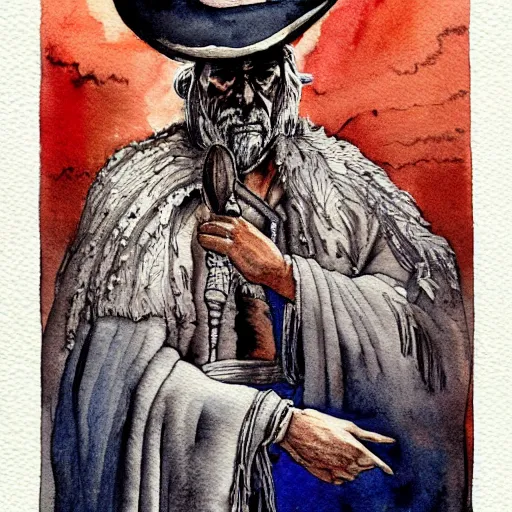 Prompt: a 3 / 4 view watercolor ink painting of old shaman and american man near, old mexican magician closes eyes, gray haired, in the style of jean giraud in the style of moebius trending on artstation deviantart pinterest detailed realistic hd 8 k high resolution