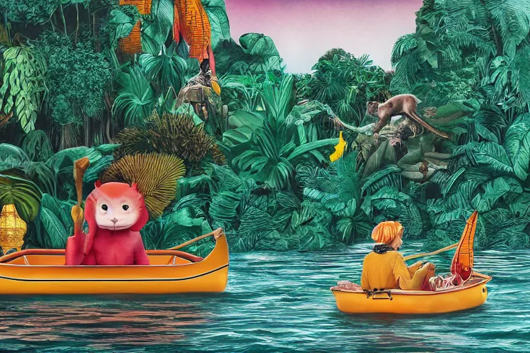 Prompt: animal in a boat floating on a river in the jungle. digital drawing, ultra detailed, cool color palette, wes anderson, amelie poulain, tim burton, tomm moore