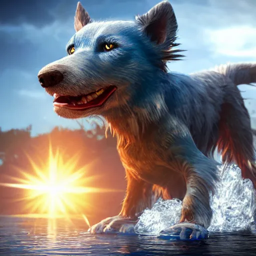Prompt: a realistic blue dog superhero with water powers and glowing eyes, cinematic background,he is floating in air