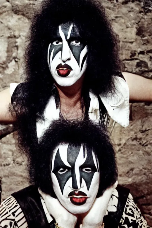 Image similar to portrait of lost member of rock band Kiss, 1975, 35mm lens, grainy