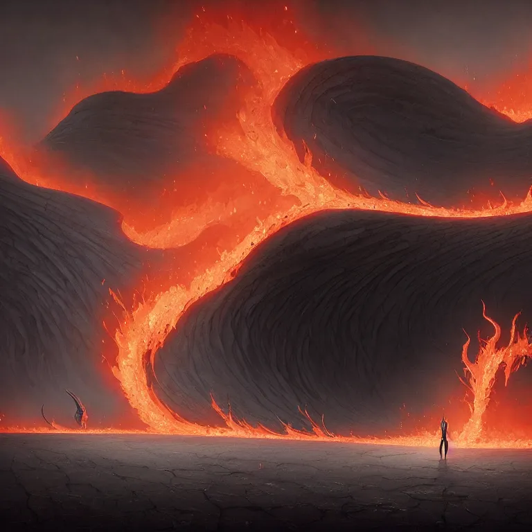 Prompt: one lone singular swirling otherworldly demonic figure shrouded in flames emerges from extensive barren grey charcoal dunescape, flames, matte painting by peter mohrbacher and filip hodas, background colosseum!, godrays, high contrast, highly detailed