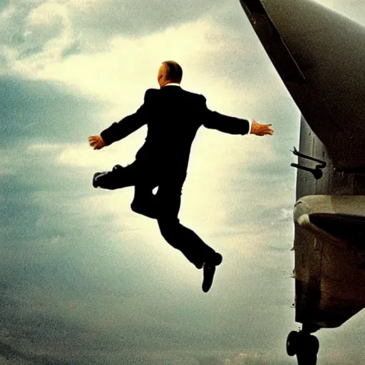 Image similar to vladimir putin jumping out of an airplane, epic movie still, professional photography