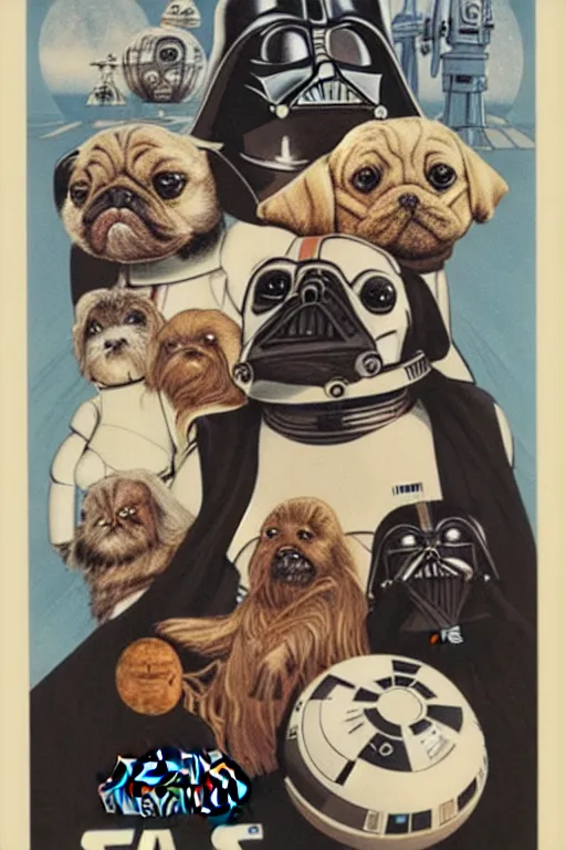 Image similar to vintage 1 9 7 7 star wars episode iv a new hope movie poster by tom jung, with pug droids, pug darth vader, and pugs instead of people