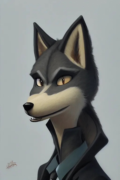 Image similar to oil painting of anthromorphic female wolf, in style of cory loftis, female fursona, furry, furaffinity, 4 k, deviantart, furry art, fursona art, wearing black business suit, business suit, in style of cory loftis, wolf fursona, cyberpunk, female, very expressive detailed feminine face,