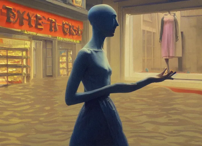 Image similar to woman in a translucent clothing made from plastic bag with paper bags for clothes standing inside paper bags with paper bag over the head at store display on flooded night street Edward Hopper and James Gilleard, Zdzislaw Beksinski, highly detailed