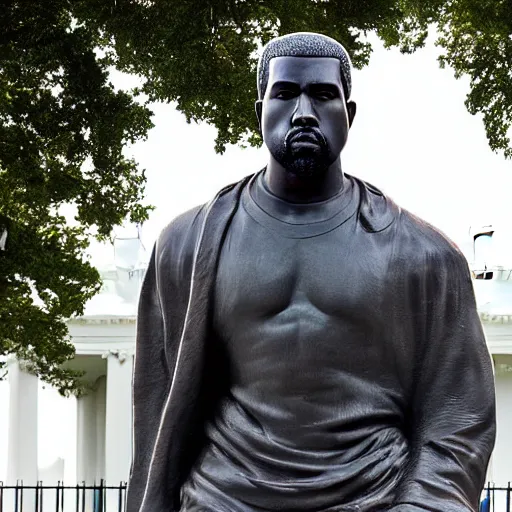 Image similar to a granite statue of kanye west, infront of the white house, photograph