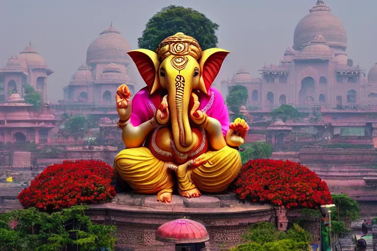 Prompt: beautiful futuristic new delhi, sharp sci - fi ganesha!! building, kalighat flowers, highly detailed cinematic, stephen shore & john j. park, soft morning light, wide shot, high angle, uhd 8 k, shallow depth of field