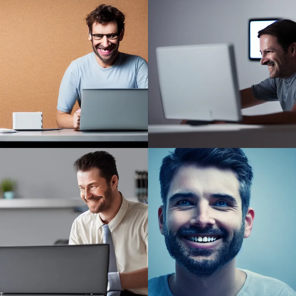 Prompt: a creepy smiling man. the man is sitting in the dark. he is looking at a computer screen. highly detailed 4K photo