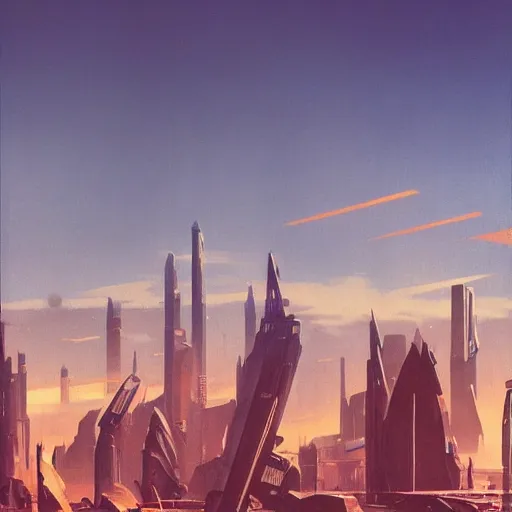 Prompt: futuristic city seen from afar from a wasteland, daylight, blue sky, cinematic lighting, blue sky, syd mead, john harris