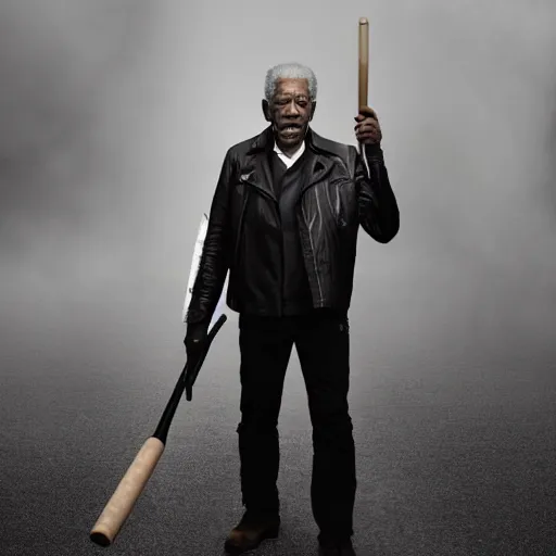 Image similar to photo of Morgan Freeman dressed as Negan, black leather jacket, mischievous look with his barbed baseball bat Lucille on his shoulder, in the style of Peter Lindbergh, white fog, octane render