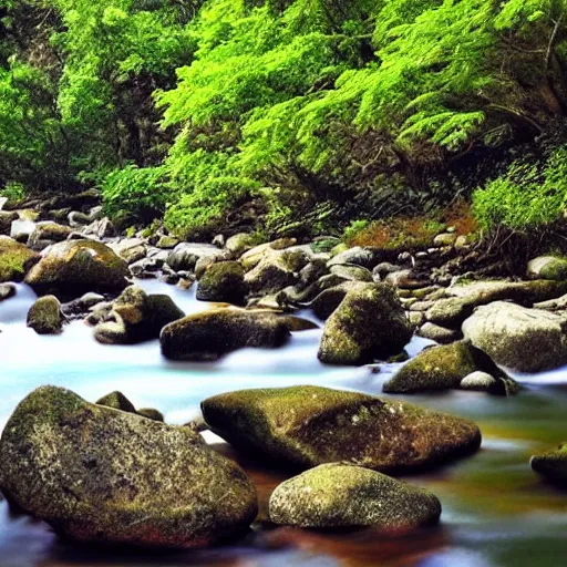 Image similar to a beautiful landscape, river, rocks, trees, intricate, elegant, highly detailed