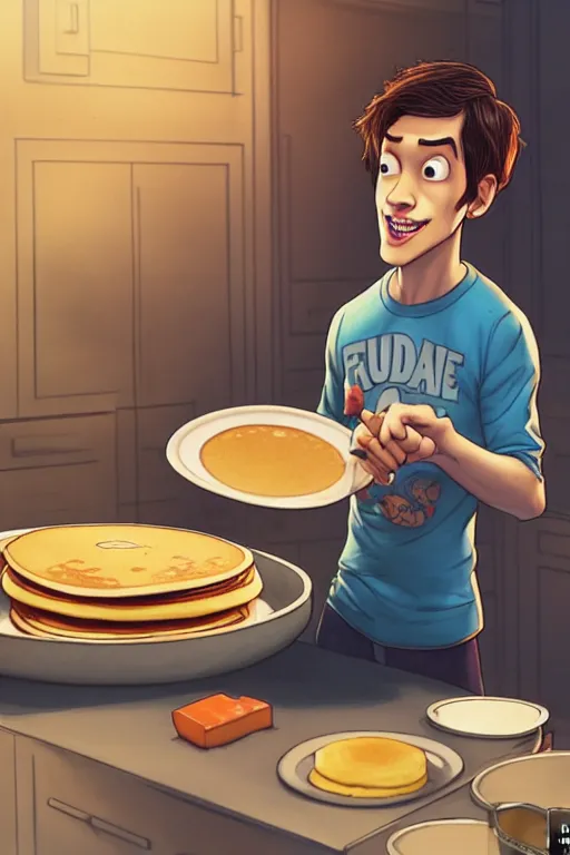 Image similar to pete davidson making pancakes, animation pixar style, by pendleton ward, magali villeneuve, artgerm, rob rey and kentaro miura style, golden ratio, trending on art station