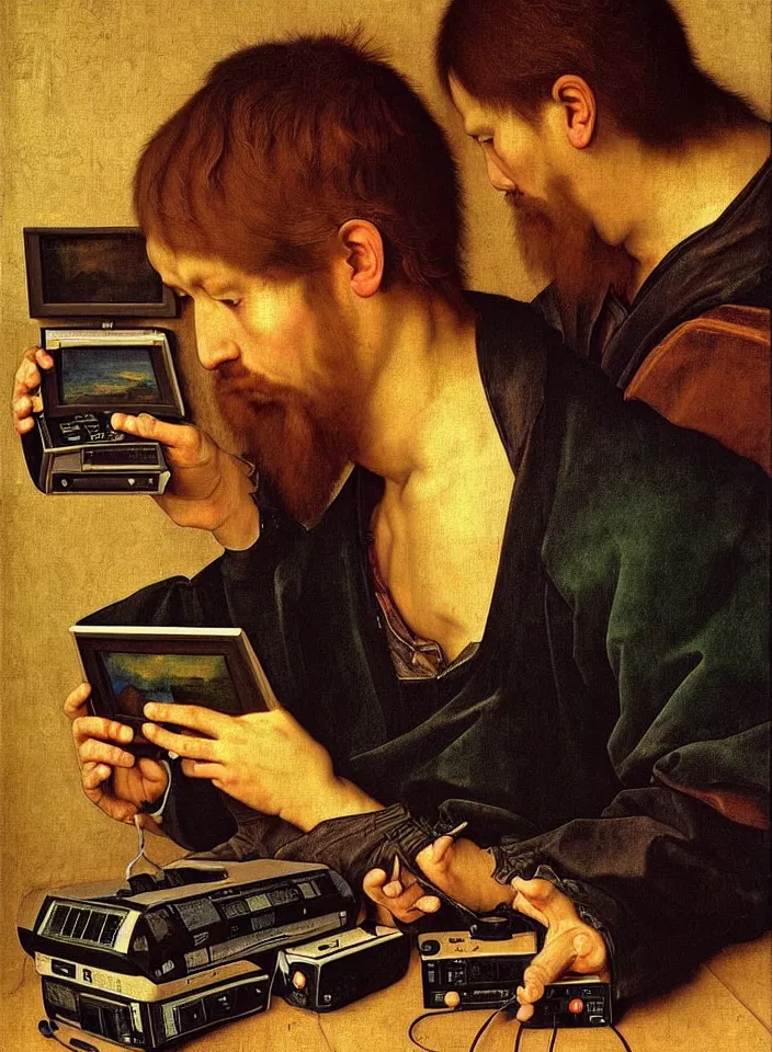 Image similar to Portrait of a man playing Nintendo 64 on a CRT. Painting by Albrecht Dürer. Intricate details. hyper realism. Masterpiece.