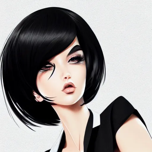 Image similar to beautiful slim cruel business girl in tuxedo with black bob hair, elegant, 2d, ultra highly detailed, digital painting, smooth, sharp focus, artstation, trending on artstation, art by Ilya Kuvshinov