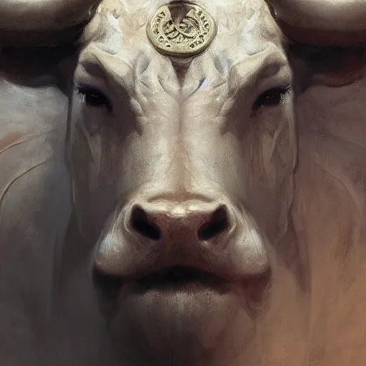 Prompt: ''face portrait of a bull, greek mythology, greece, fantasy, dungeons and dragons, d & d, digital painting, artstation, concept art, sharp focus, illustration, art by greg rutkowski and alphonse mucha''