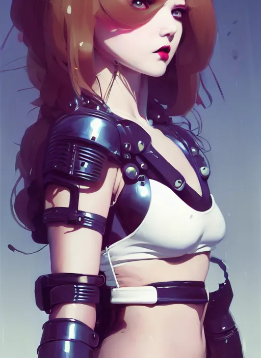 Image similar to portrait of cute goth maiden in cyber bikini armor, face by ilya kuvshinov, warhammer, cyberpunk, by atey ghailan, by greg rutkowski, by greg tocchini, by james gilleard, by joe fenton, by kaethe butcher, dynamic lighting, gradient light blue, brown, blonde cream and white color in scheme, grunge aesthetic