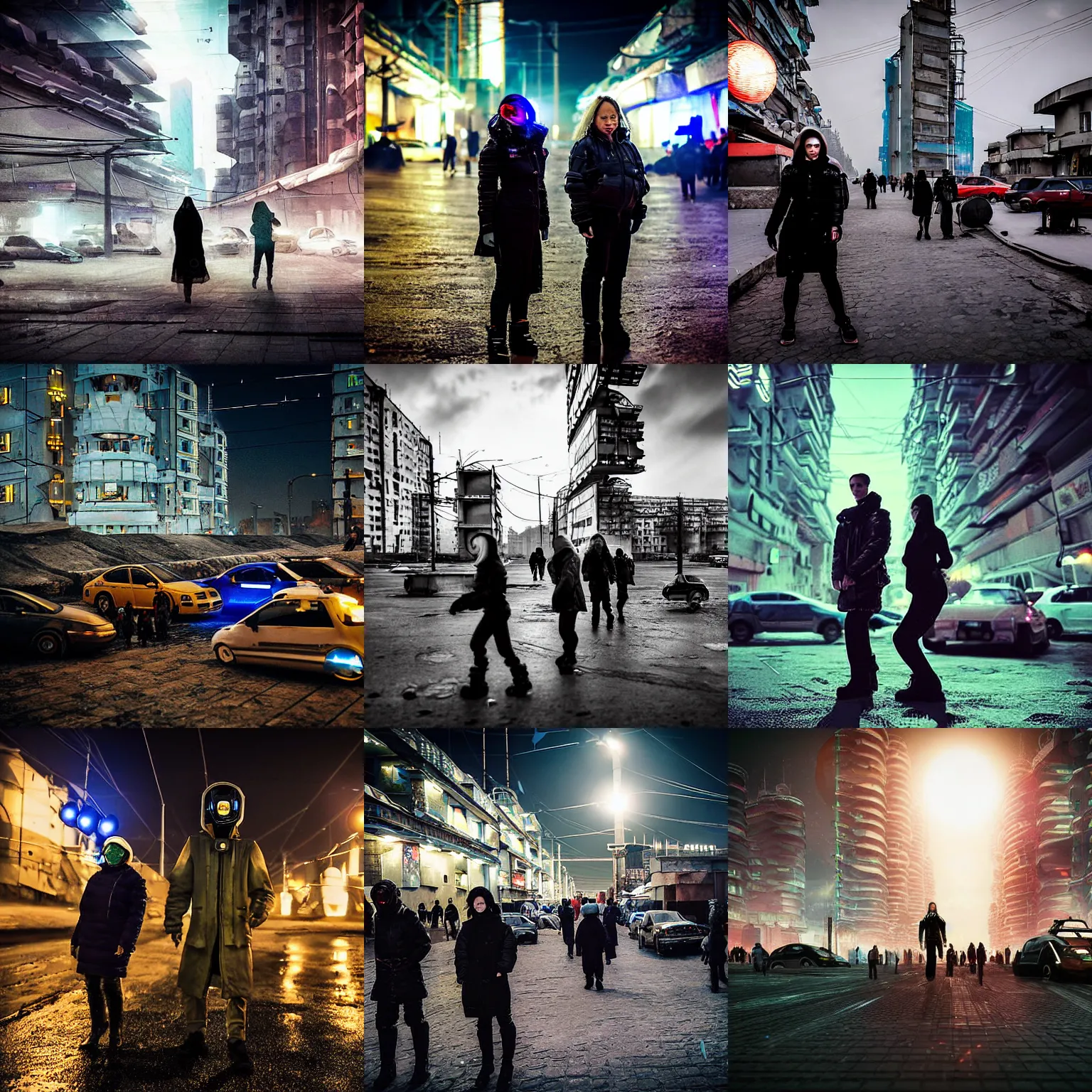 Prompt: people on the futuristic dangerous streets of a Russian cyberpunk slum city called Neo Norilsk on the Moon, at night, lots of flying cars, diverse, lively, black sky full of stars, blinding sun, sci-fi, lots of flying cars, levitation, cyberpunk outfits, photorealistic, grainy, 35mm, intricate, very very beautiful, elegant, smooth, cinematic, Unreal Engine 5, by Beeple, trending on Artstation HD