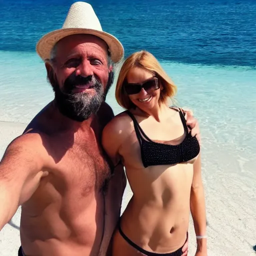 Image similar to photo of a 6 0 year old man that looks young for his age dating a very attractive and 5 5 year old woman wearing a bikini.