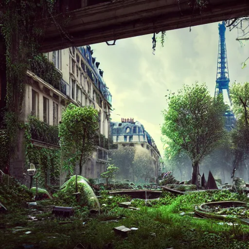 Prompt: overgrown paris in ruins, highly detailed, 4k, HDR, award-winning, artstation, octane render