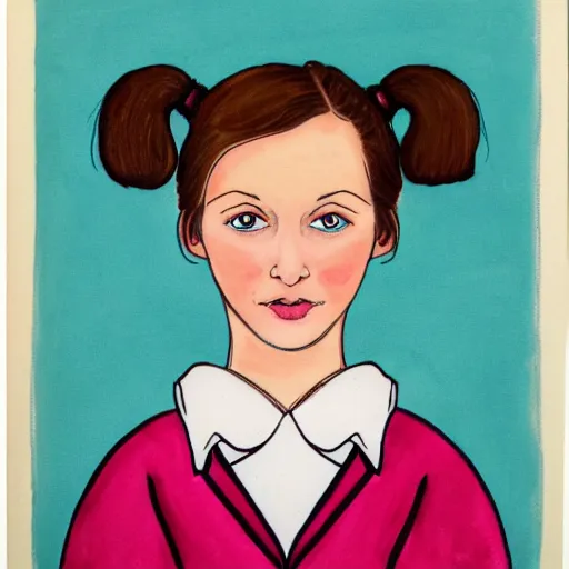 Image similar to symmetry portrait of welsh brunette student by herself in the style of brenda chamberlain