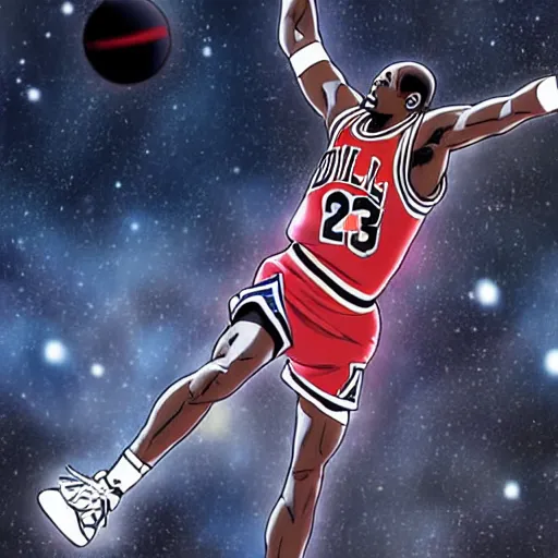 Prompt: digital painting of michael jordan dunking a basketball in space, by takehiko inoue and studio ghibli, highly detailed, science fiction, anime, ghost in the shell color scheme, masterpiece