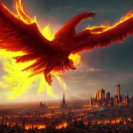 Image similar to a brightly flaming phoenix spreading its majestic wing on the sky above a medieval city seen from the street, digital art, highly detailed, dark colors, moody lighting, 8 k, intricate, trending on artstation, by greg rutkowski
