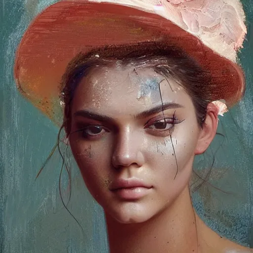 Image similar to happy very thick paint brush strokes paint texture full body very worn out very rusty fashion model kendall jenner by Jeremy Lipking by Hasui Kawase by Richard Schmid ((smokey eyes makeup eye shadow fantasy, glow, shimmer as victorian woman in a long white frilly lace dress and a large white hat having tea in a sunroom filled with flowers, roses and lush fern flowers ,intricate, night, highly detailed, dramatic lighting)) , high quality