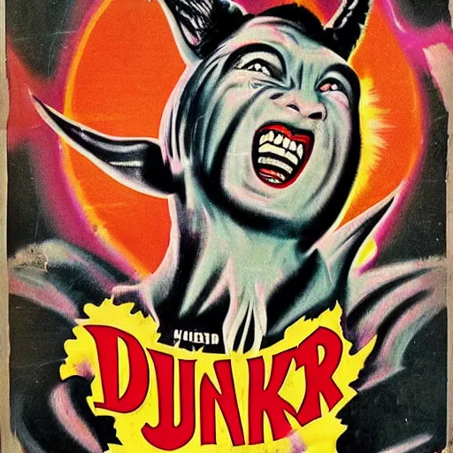 Prompt: 1 9 5 0 s style psychedelic horror movie poster of an evil donkey