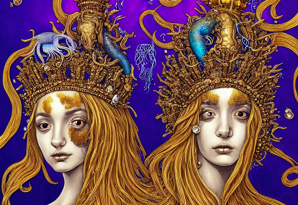 Image similar to isis goddess macro close - up portrait with extremely detailed crown made of ram skull dripping gold + betta fish + jellyfish, in the style of james jean, bioluminiscent, plasma, wind, creature