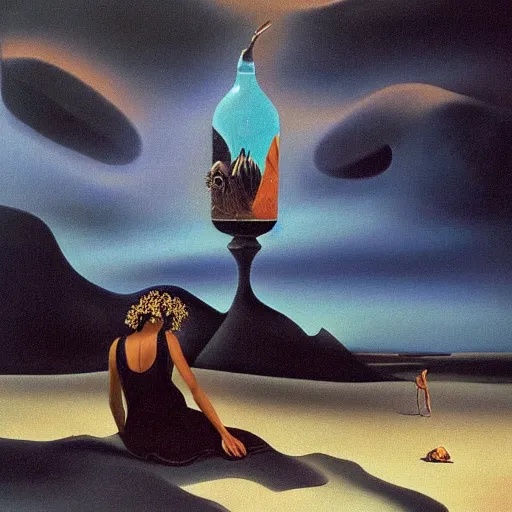 Prompt: A surreal oil painting of a puzzle containing a beautiful woman on a desert beach by Salvador Dali, dark vibes, high contrast, cinematic, depth of field