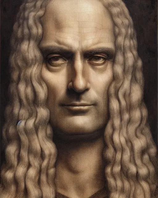 Prompt: matte painting portrait shot, leonardo da vinci large oil painting of cary grant, detailed and intricate by jean delville, marco mazzoni, symbolist, visionary, gothic, pre - raphaelite