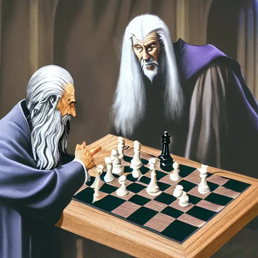 Image similar to Dracula and Gandalf play chess, award winning photo