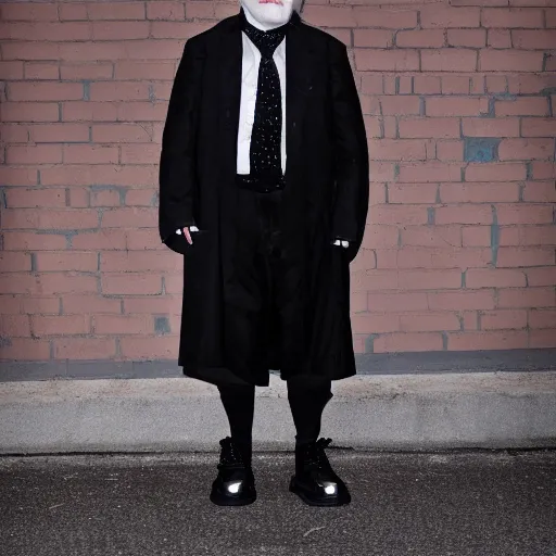 Image similar to Full picture of a white haired vampire wearing Dr. Martens shoes