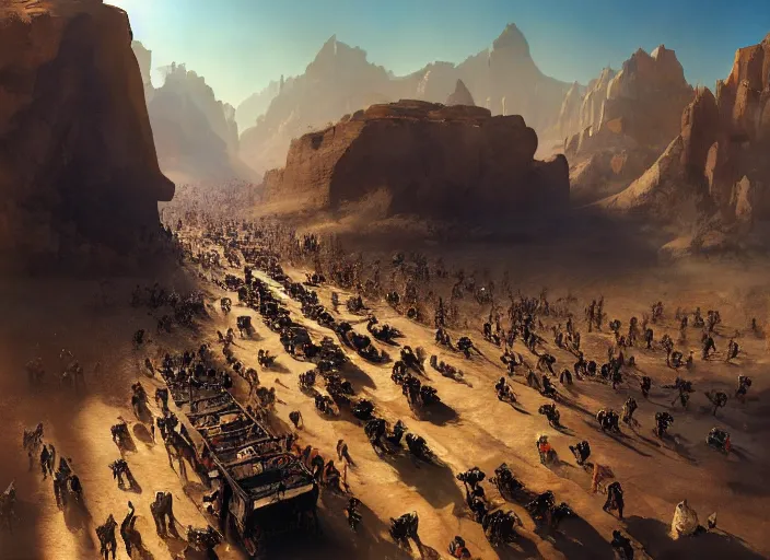 Image similar to overhead view of a the big large expedition with a very crowd of adventurers being brought by gigantic mammals carrying stuff towards the desert of duhnes medium shot, key art by craig mullins, bloom, dramatic lighting, cinematic, high details