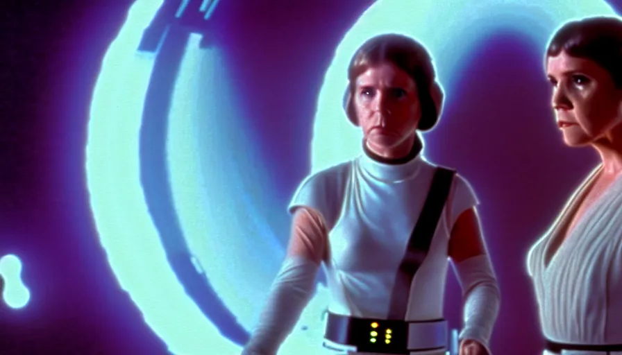 Image similar to screenshot portrait of Luke Skywalker and Princess Leia, facing off against an incredibly haunting female sith lord in white, on a sith planet of purple magic maelstrom, iconic scene from the 1970s sci fi thriller film by Stanley Kubrick, HR Geiger, stunning cinematography, hyper-detailed, sharp, anamorphic lenses, kodak color stock, 4k, stunning