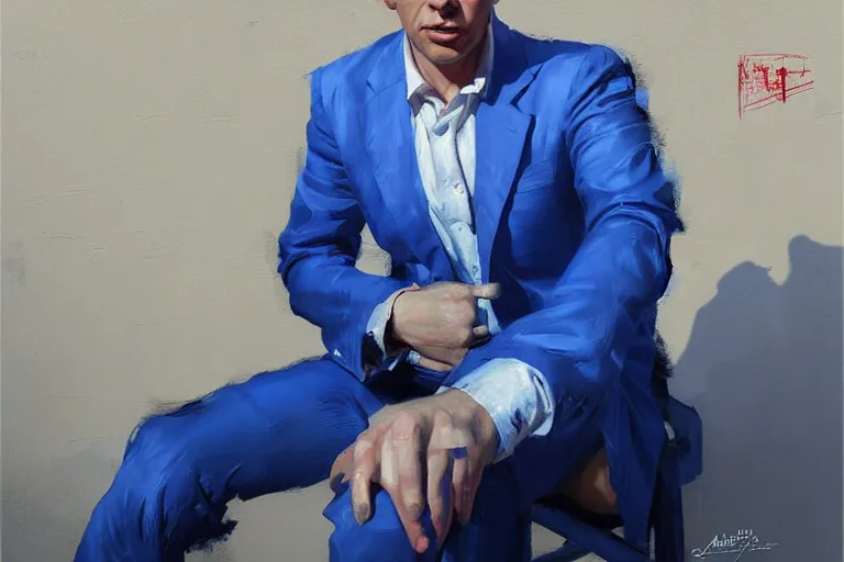 Image similar to greg manchess portrait of a blond man in a blue suit shock of being hurt, organic painting, sunny day, matte painting, bold shapes, hard edges, street art, trending on artstation, by huang guangjian, gil elvgren, ruan jia, randy vargas, greg rutkowski