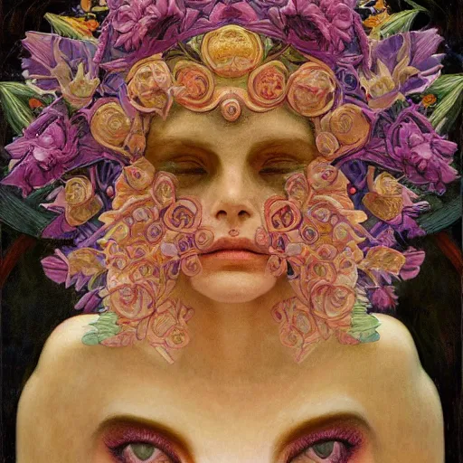 Image similar to masterpiece painting of a facemask made of stylized flowers, by annie swynnerton and jean delville and tino rodriguez and john watkiss, flower mask, art deco shaman, symbolist, dramatic lighting, god rays, elaborate geometric ornament, clean crisp graphics, soft cool colors, smooth, sharp focus, extremely detailed